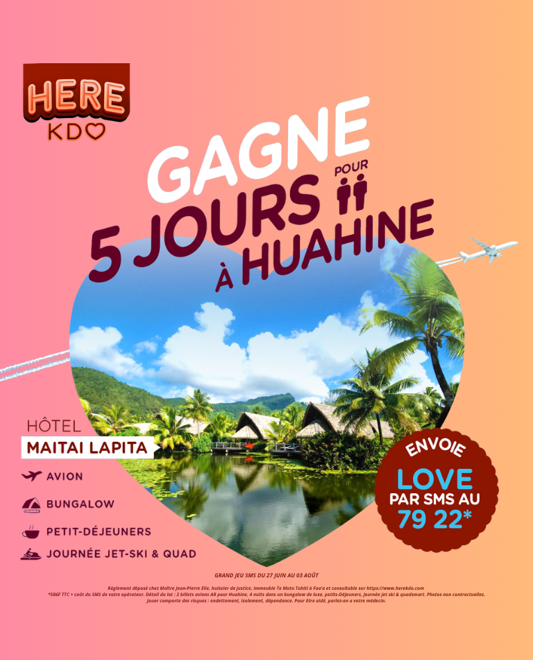 2 billets avions AR pour Huahine<br>
4 nuits dans un bungalow de luxe<br>
Petits-Déjeuners<br>
Journée jet ski & quad